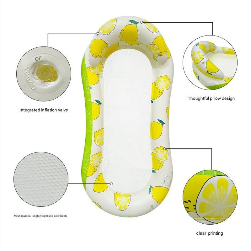 SOLDTRUE Inflatable Pool Raft Lounger with Lemon Pattern | Relaxing Mesh Cooling Bed | Durable & Comfortable Water Hammock for Adults & Kids | Summer Swim Accessory Air Pump Included (1 Pcs.) - Image 4