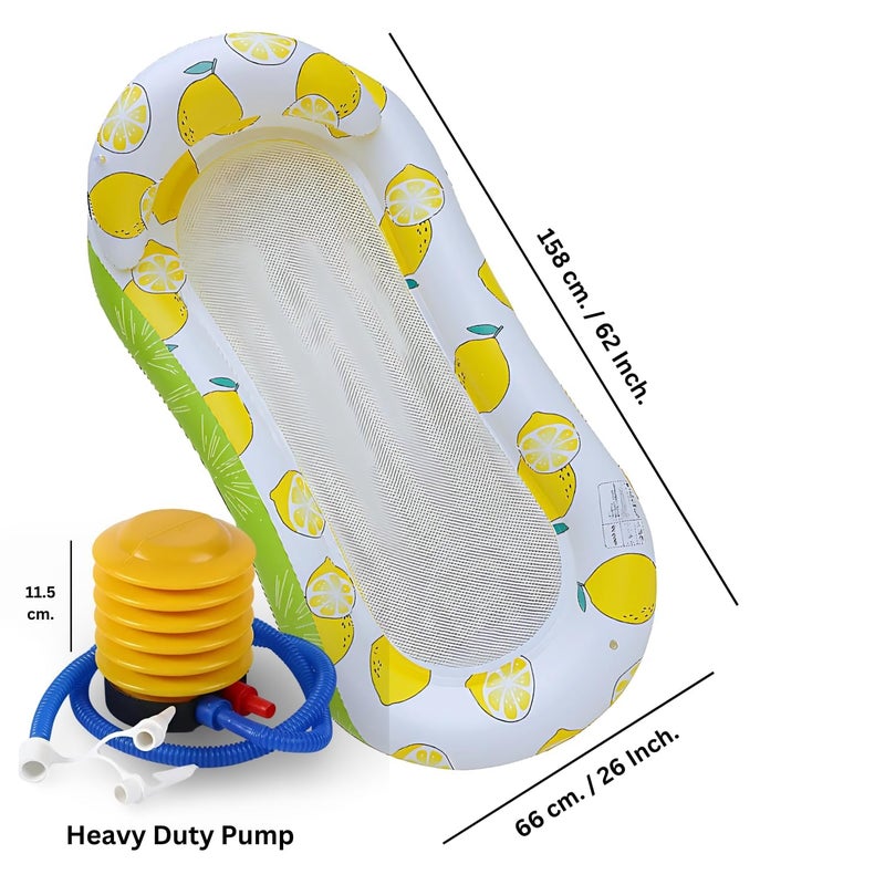 SOLDTRUE Inflatable Pool Raft Lounger with Lemon Pattern | Relaxing Mesh Cooling Bed | Durable & Comfortable Water Hammock for Adults & Kids | Summer Swim Accessory Air Pump Included (1 Pcs.) - Image 5