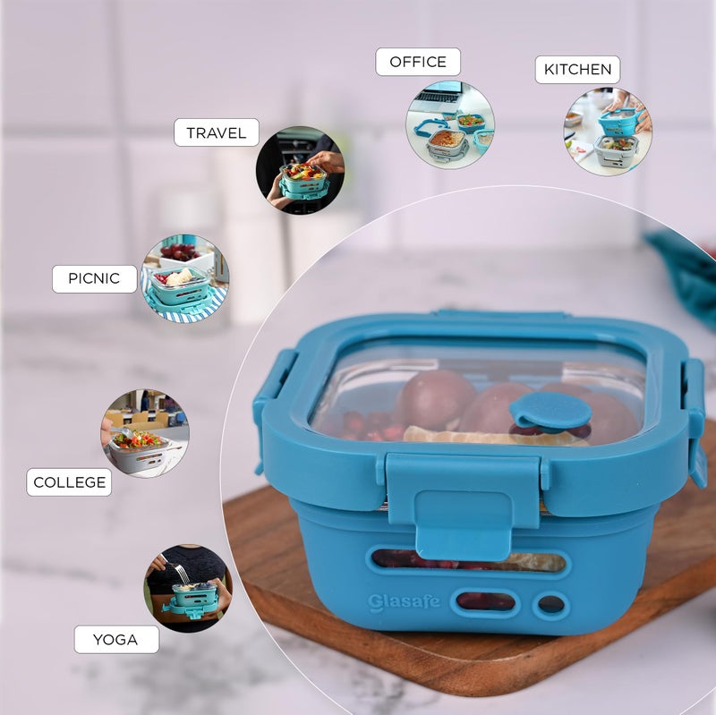 GLASAFE Glass Lunch Box for Office w/t Air Tight Glass lid & Protective Silicone Sleeve | Tiffin Box for Men & Women | 100% Borosilicate Glass | Microwave & Dishwasher Safe | 320ml (Blue) - Image 4