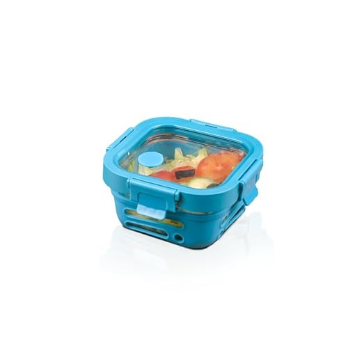 GLASAFE Glass Lunch Box for Office w/t Air Tight Glass lid & Protective Silicone Sleeve | Tiffin Box for Men & Women | 100% Borosilicate Glass | Microwave & Dishwasher Safe | 320ml (Blue) - Image 1