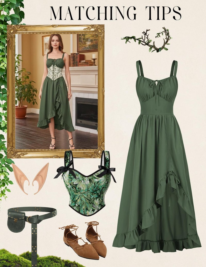 Scarlet Darkness Renaissance Dress Women Summer Corset Dress Flowy Sleeveless Milkmaid Vacation Sundress with Pockets Army Green L - Image 4