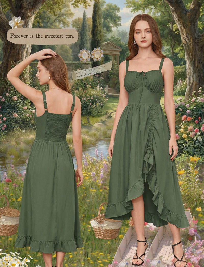 Scarlet Darkness Renaissance Dress Women Summer Corset Dress Flowy Sleeveless Milkmaid Vacation Sundress with Pockets Army Green L - Image 2
