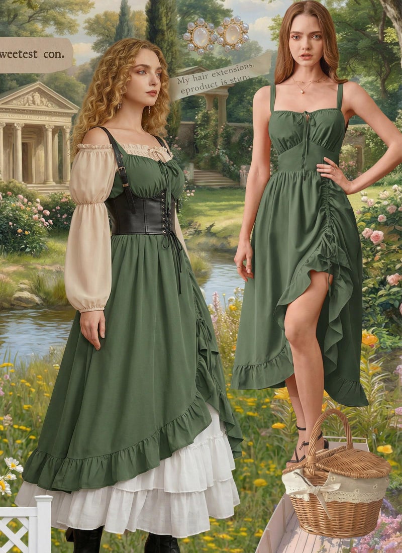 Scarlet Darkness Renaissance Dress Women Summer Corset Dress Flowy Sleeveless Milkmaid Vacation Sundress with Pockets Army Green L - Image 3