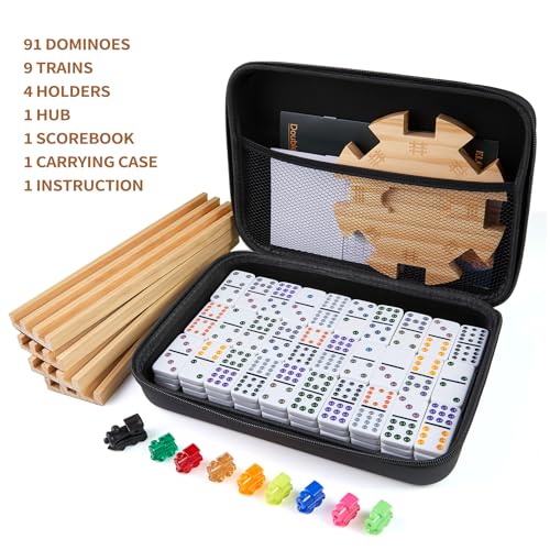 ELONGDI Mexican Train Double 12 Dominoes Set with 4 Wooden Trays/Racks in Portable Carrying Case Colorful 91 Tiles & 9 Trains Board Game for Family Game Night - Image 2