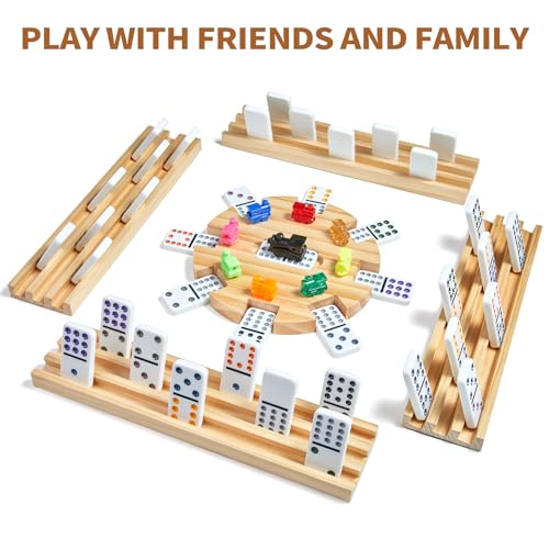 ELONGDI Mexican Train Double 12 Dominoes Set with 4 Wooden Trays/Racks in Portable Carrying Case Colorful 91 Tiles & 9 Trains Board Game for Family Game Night - Image 4