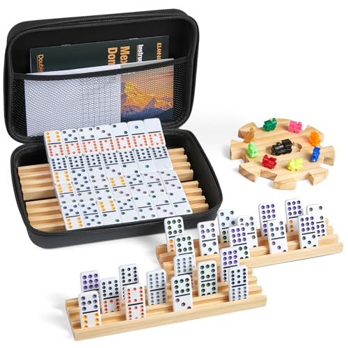 ELONGDI Mexican Train Double 12 Dominoes Set with 4 Wooden Trays/Racks in Portable Carrying Case Colorful 91 Tiles & 9 Trains Board Game for Family Game Night - Image 1