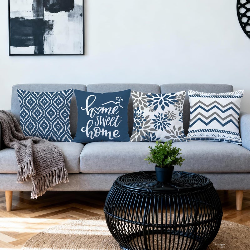 Bonsai Tree Geometric Blue Pillow Covers 18x18 Set of 4, Decorative Outdoor Modern Boho Throw Pillow Covers, Home Sweet Home Farmhouse Cushion Case for Couch Sofa Bedroom Living Room Decor(No Insert) - Image 5
