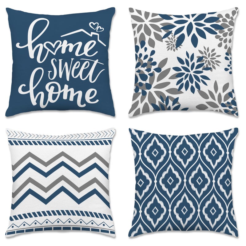 Bonsai Tree Geometric Blue Pillow Covers 18x18 Set of 4, Decorative Outdoor Modern Boho Throw Pillow Covers, Home Sweet Home Farmhouse Cushion Case for Couch Sofa Bedroom Living Room Decor(No Insert) - Image 1
