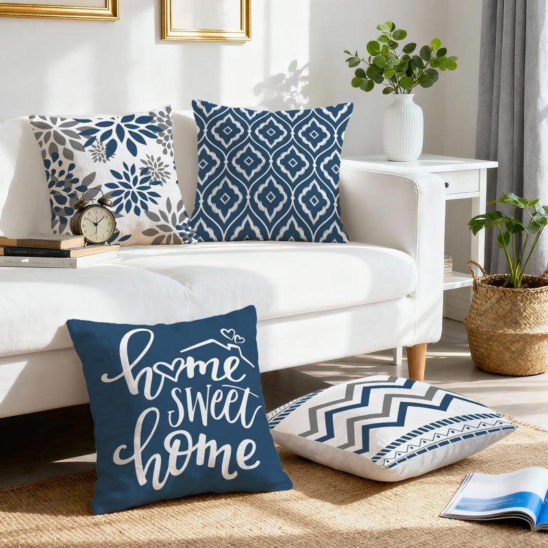 Bonsai Tree Geometric Blue Pillow Covers 18x18 Set of 4, Decorative Outdoor Modern Boho Throw Pillow Covers, Home Sweet Home Farmhouse Cushion Case for Couch Sofa Bedroom Living Room Decor(No Insert) - Image 3