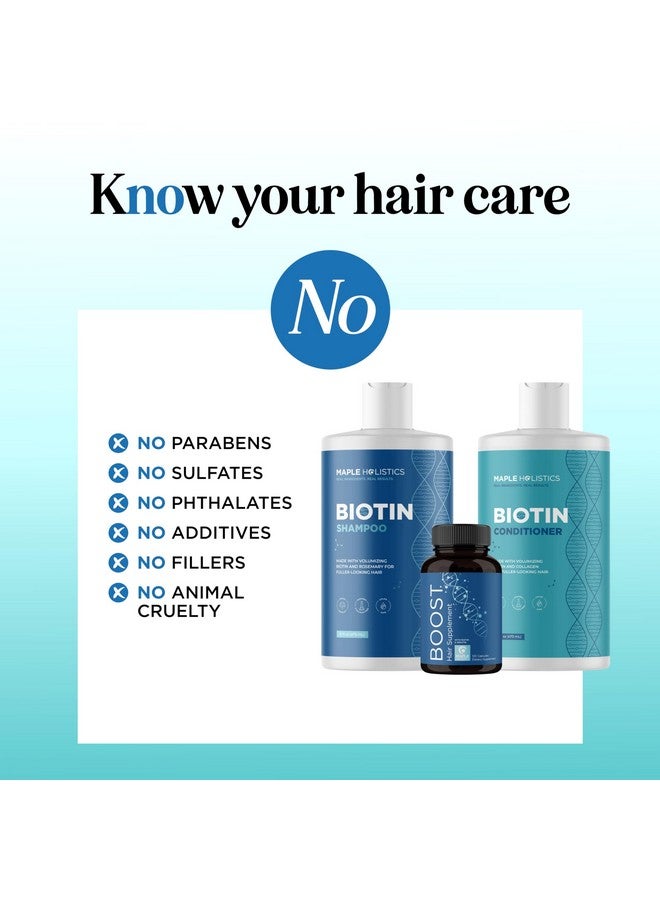 مايبل هوليستكس مجموعة علاج البيوتين لنمو الشعر - مجموعة شامبو وبلسم البيوتين خالية من الكبريتات بالإضافة إلى مكمل غذائي لتساقط الشعر للنساء والرجال مع الكولاجين والكيراتين من نبات المنشار بالميتو (إمدادات لمدة شهرين) - Image 2