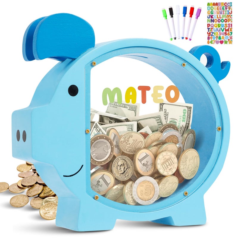 Pamctry Piggy Bank for Kids, Blue Piggy Bank for Boys, Christmas for Boys and Girls,DIY Custom Name Coin Bank with Letter Stickers for Birthdays, Christmas - Image 1