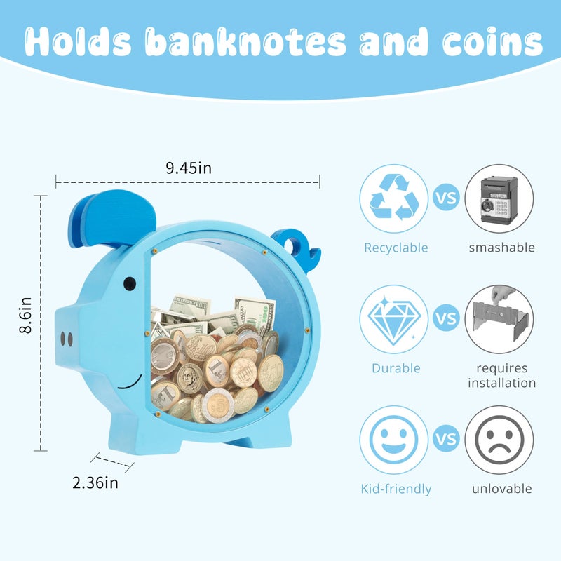Pamctry Piggy Bank for Kids, Blue Piggy Bank for Boys, Christmas for Boys and Girls,DIY Custom Name Coin Bank with Letter Stickers for Birthdays, Christmas - Image 2