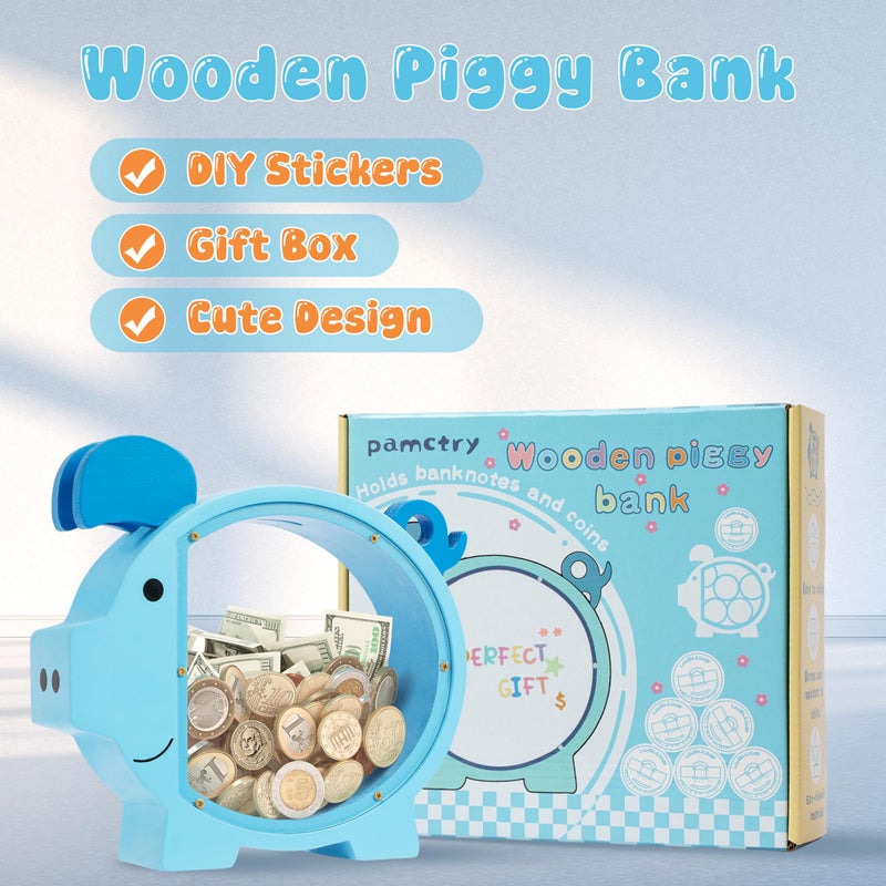 Pamctry Piggy Bank for Kids, Blue Piggy Bank for Boys, Christmas for Boys and Girls,DIY Custom Name Coin Bank with Letter Stickers for Birthdays, Christmas - Image 4