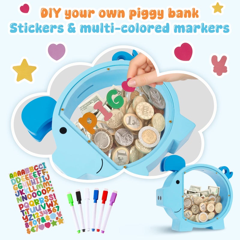 Pamctry Piggy Bank for Kids, Blue Piggy Bank for Boys, Christmas for Boys and Girls,DIY Custom Name Coin Bank with Letter Stickers for Birthdays, Christmas - Image 3