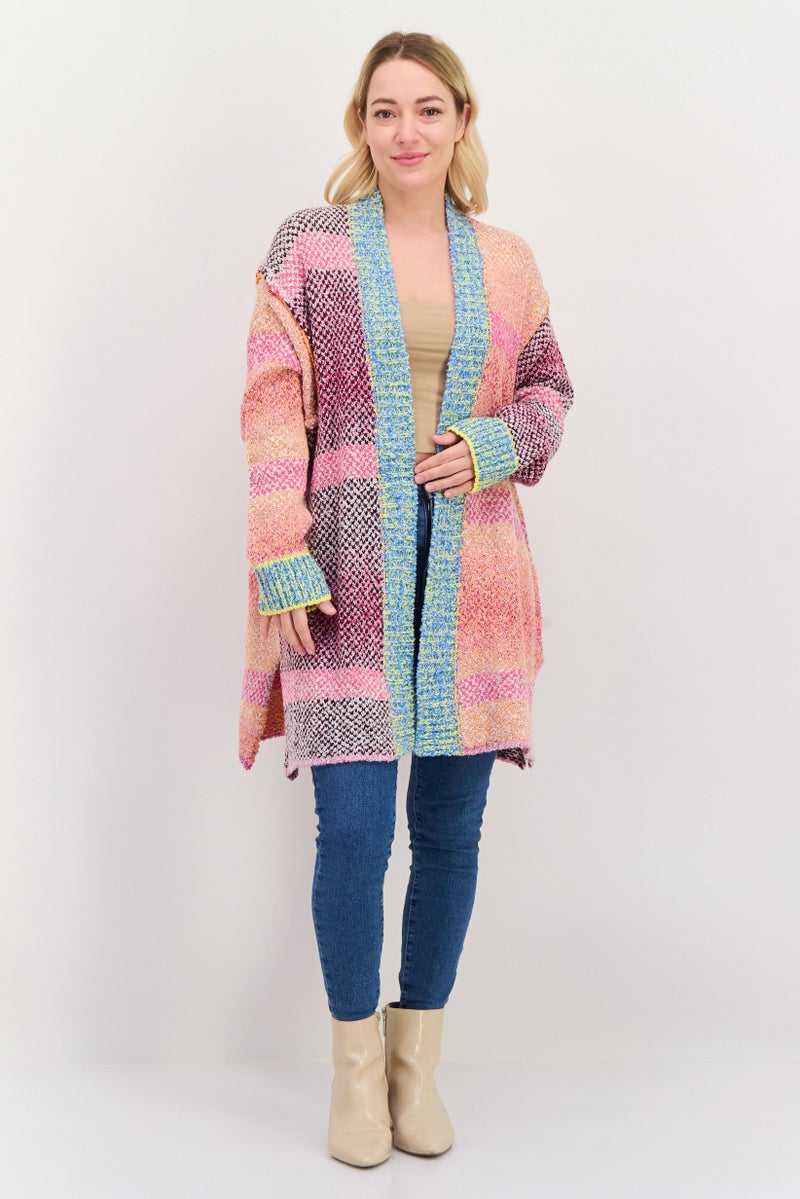 Room 34 Women Split Neck Crochet Long Sleeves Cardigan, Pink Combo  - Image 4