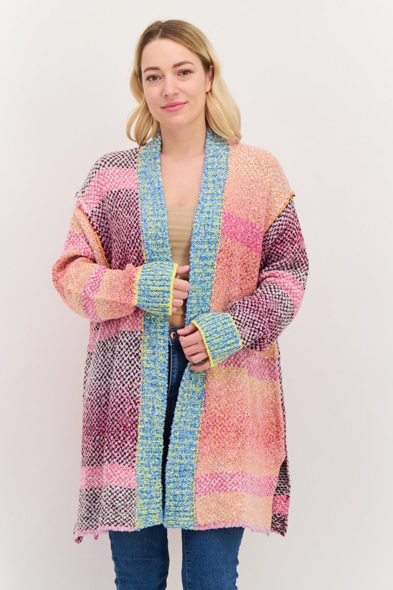 Room 34 Women Split Neck Crochet Long Sleeves Cardigan, Pink Combo  - Image 1
