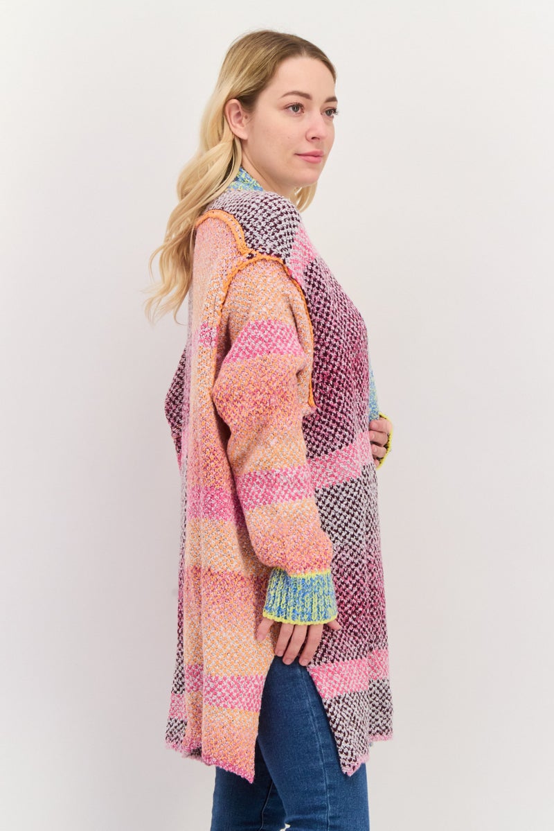 Room 34 Women Split Neck Crochet Long Sleeves Cardigan, Pink Combo  - Image 2