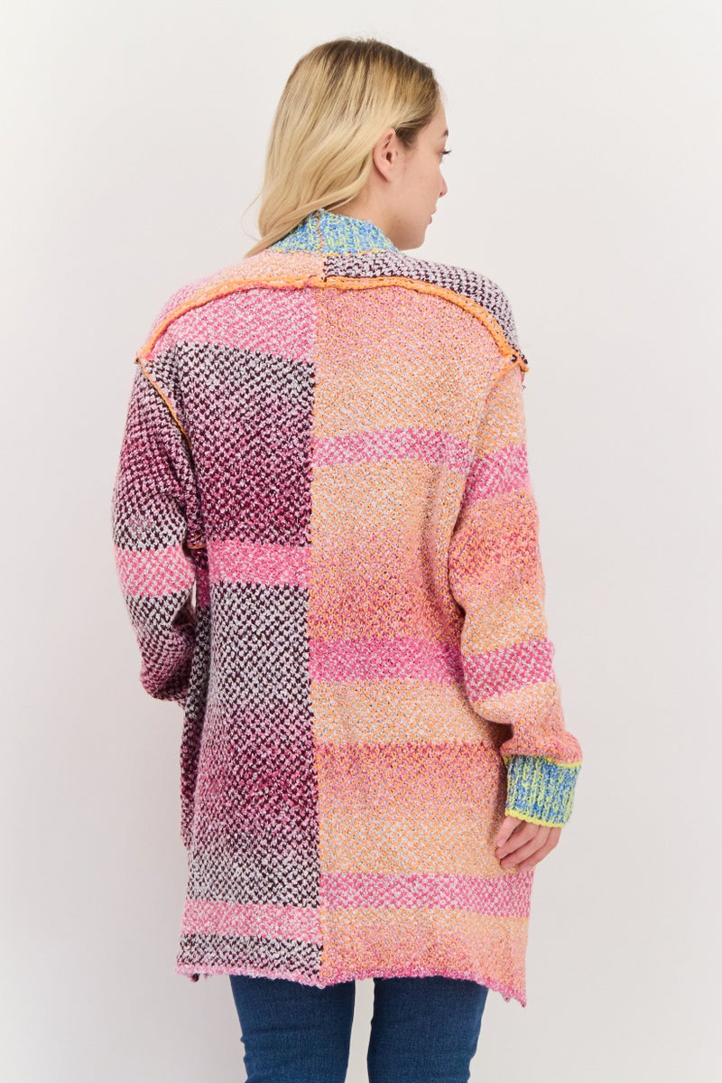 Room 34 Women Split Neck Crochet Long Sleeves Cardigan, Pink Combo  - Image 3