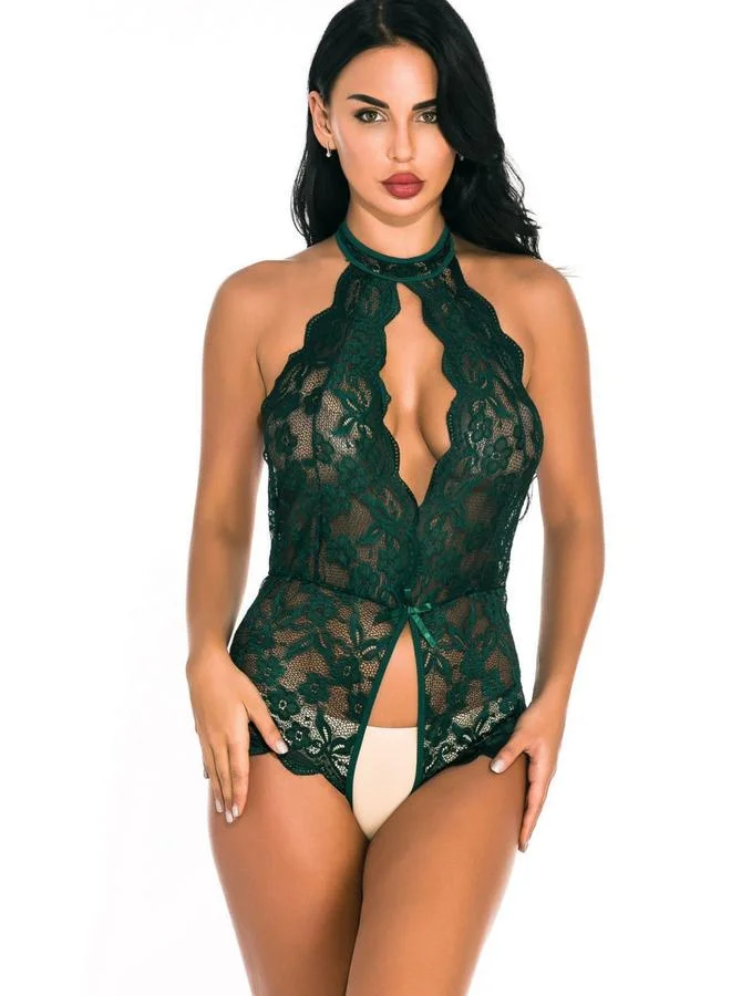 Take Two  Dark Green Floral Lace Halter Neck Bodysuit for Women | Best Price UAE