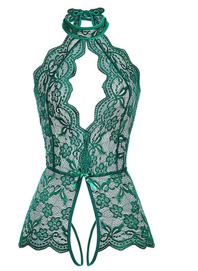 Take Two Dark Green Floral Lace Halter Neck Bodysuit