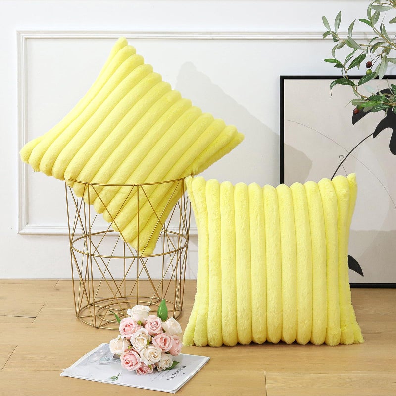 Soleebee Set of 2 Throw Pillow Covers Soft Cozy Velvet Pillowcase Faux Rabbit Fur Cover for Couch Sofa Bed Chair Home Decorative Pillows Cover (24x24 Inch  Lemon Yellow) - Image 3