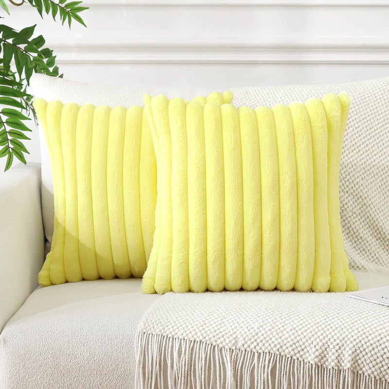 Soleebee Set of 2 Throw Pillow Covers Soft Cozy Velvet Pillowcase Faux Rabbit Fur Cover for Couch Sofa Bed Chair Home Decorative Pillows Cover (24x24 Inch  Lemon Yellow) - Image 2