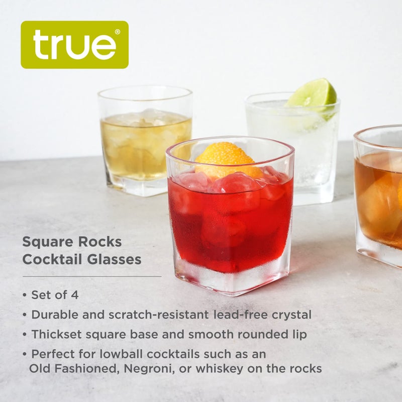 TRUE Square Rocks Glass, Old Fashioned Whiskey Glasses, Superb Drinking Cups for Cocktail Party, Home Bar, Bartender Accessories, Set of 4, 10 oz - Image 2