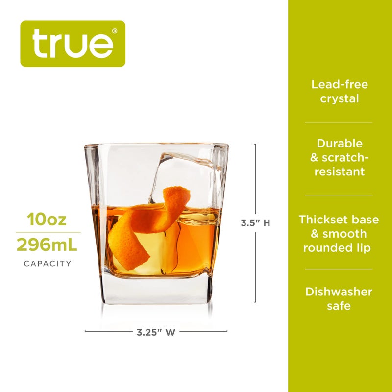 TRUE Square Rocks Glass, Old Fashioned Whiskey Glasses, Superb Drinking Cups for Cocktail Party, Home Bar, Bartender Accessories, Set of 4, 10 oz - Image 3