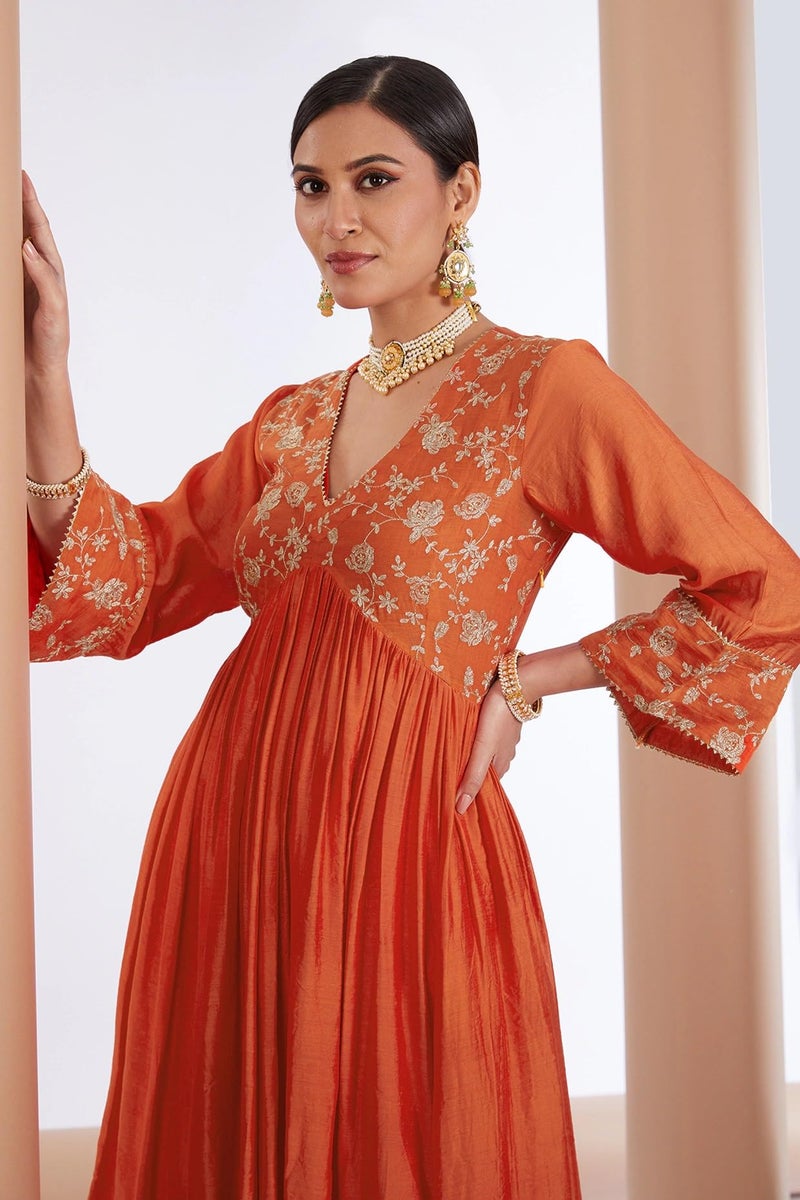 GoSriKi Women's Cotton Blend Anarkali Embroidered Kurta with Pant & Dupatta (KANAKAM Orange-GS_M_Orange_Medium) - Image 4