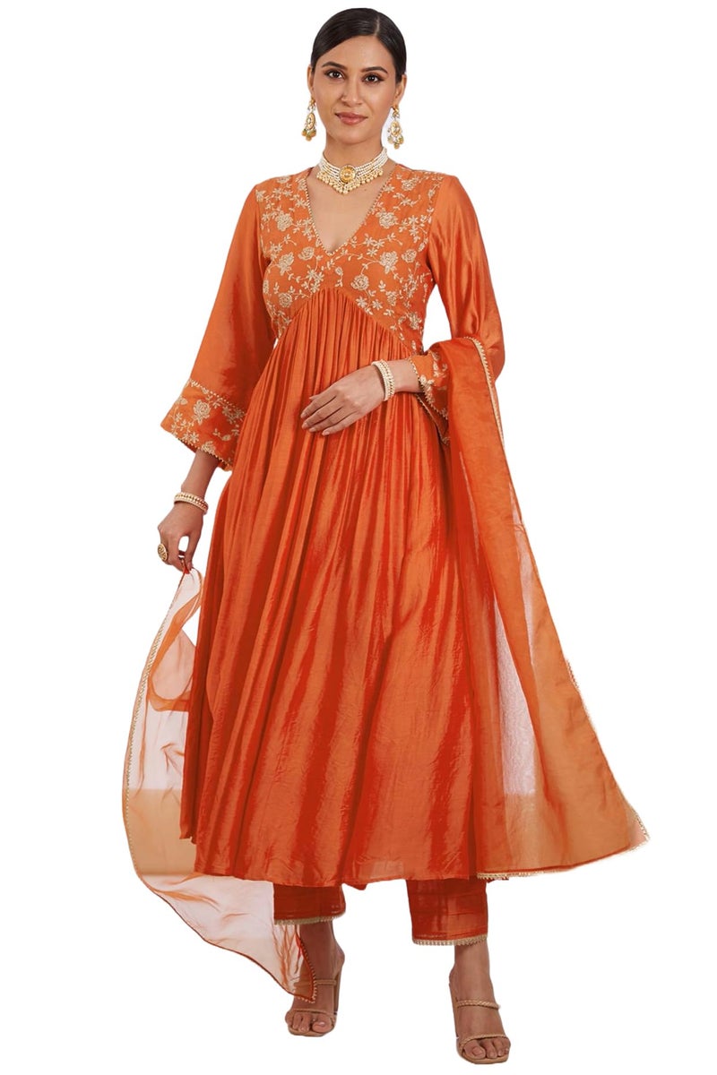 GoSriKi Women's Cotton Blend Anarkali Embroidered Kurta with Pant & Dupatta (KANAKAM Orange-GS_M_Orange_Medium) - Image 1