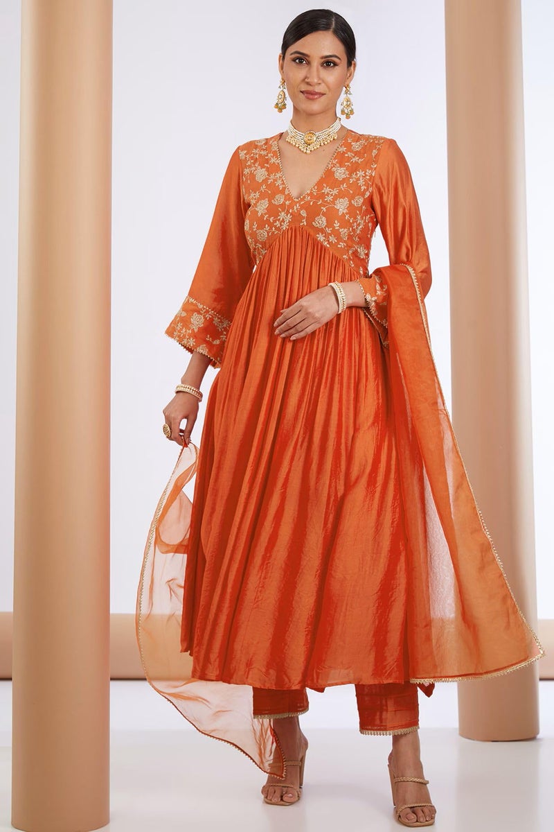 GoSriKi Women's Cotton Blend Anarkali Embroidered Kurta with Pant & Dupatta (KANAKAM Orange-GS_M_Orange_Medium) - Image 3