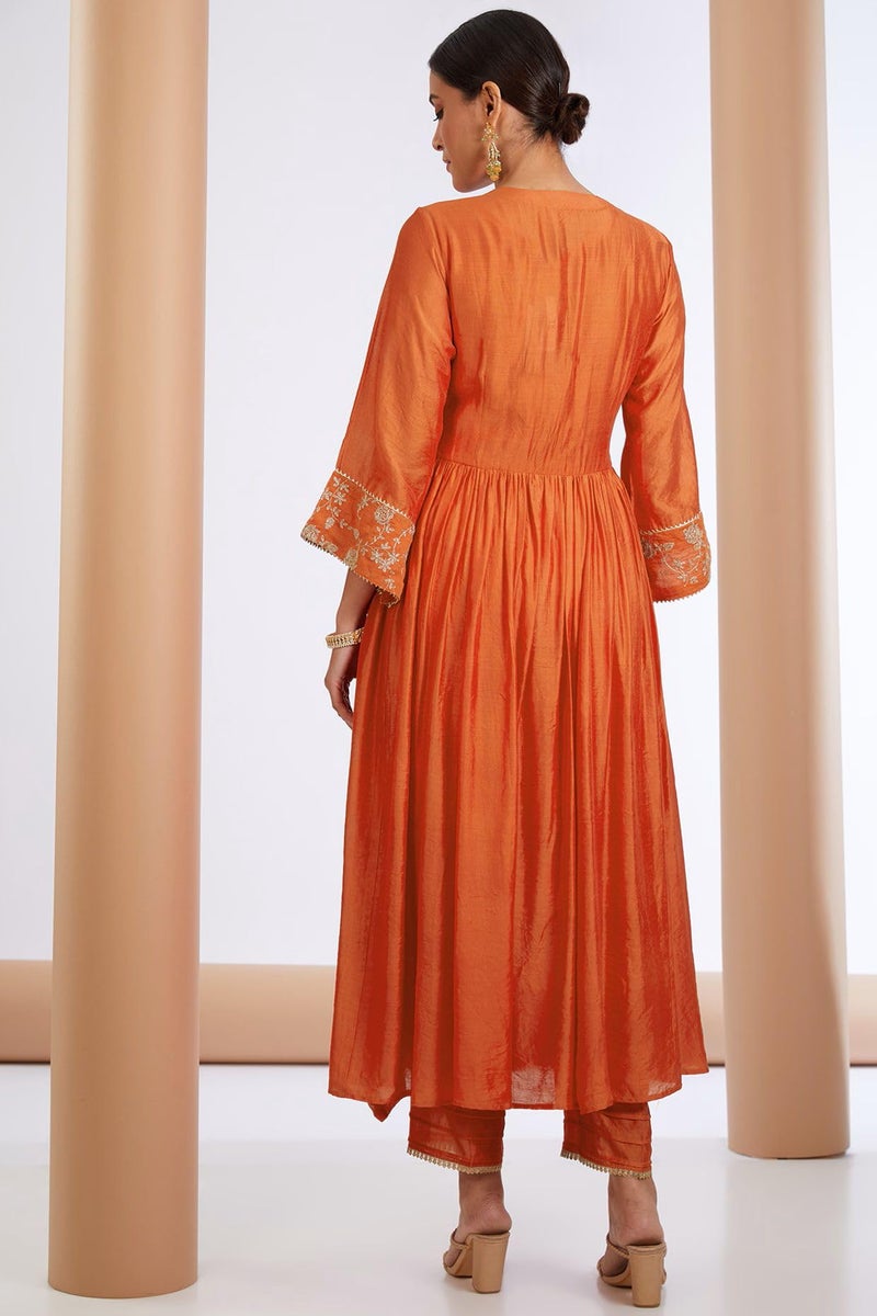 GoSriKi Women's Cotton Blend Anarkali Embroidered Kurta with Pant & Dupatta (KANAKAM Orange-GS_M_Orange_Medium) - Image 2