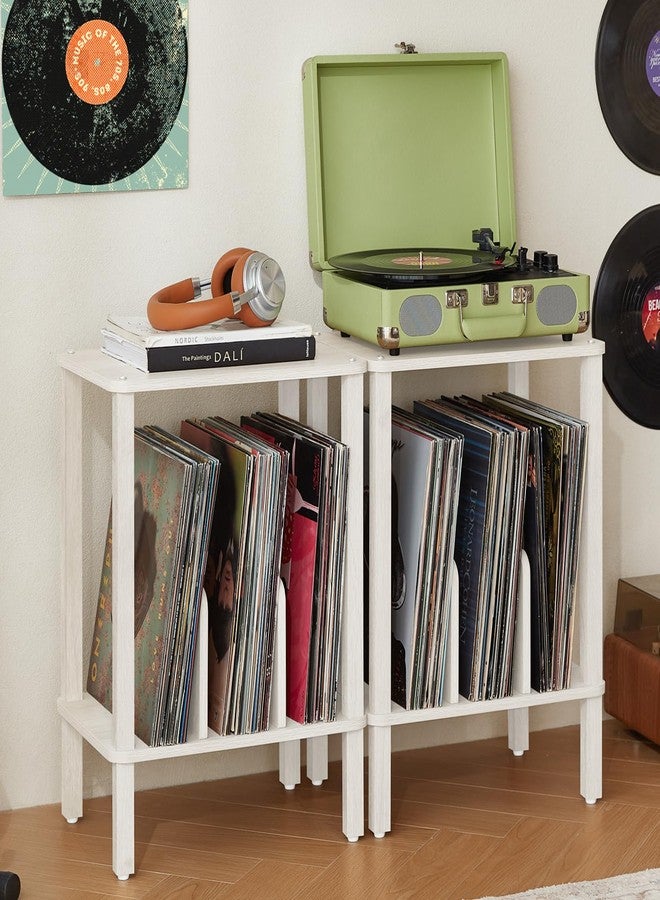LELELINKY 2-Tier Record Player Stand with Vinyl Record Storage up to 100 Albums, Bedroom Record Holder and Multi-Functional End Table for Living Room, Grey White - Image 2