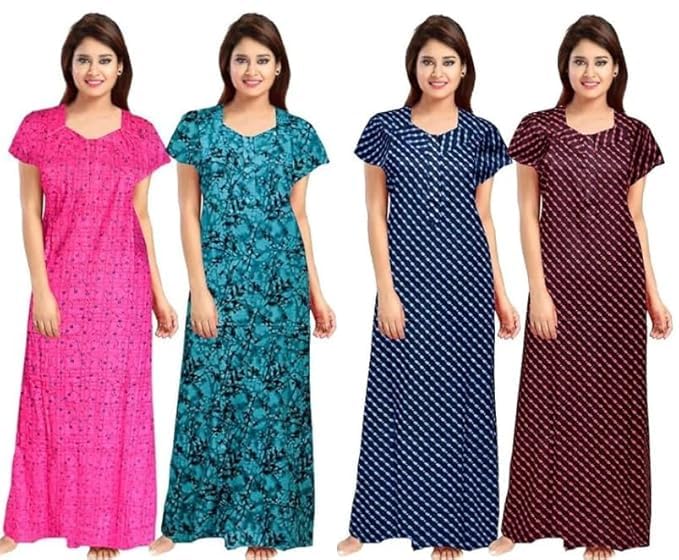 Vlazom Women's Cotton Nightgown – Pack of 4 Printed Maxi Nighties | Ankle Length Night Dress | Free Size Sleepwear (Option-15, Free Size) - Image 1