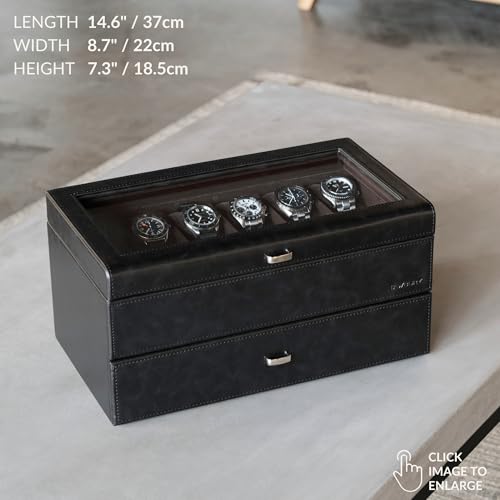 TAWBURY Watch Box for Men - Extra Large 24 Slot Watch Case with Real Glass Display, Removable Drawer and 2-inch Wide Pillows for Large Watches (Black/Charcoal) - Image 3