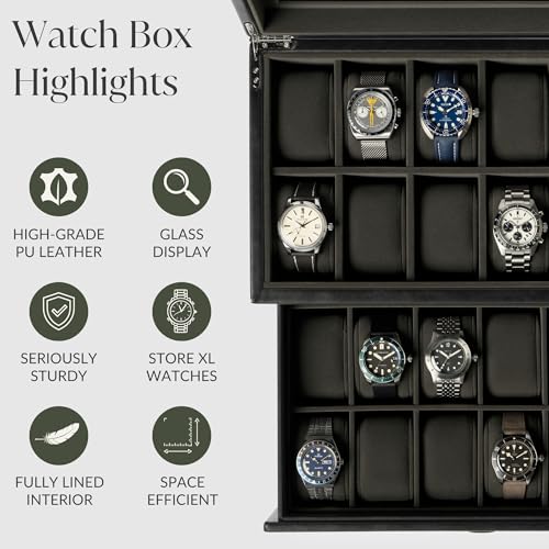 TAWBURY Watch Box for Men - Extra Large 24 Slot Watch Case with Real Glass Display, Removable Drawer and 2-inch Wide Pillows for Large Watches (Black/Charcoal) - Image 5