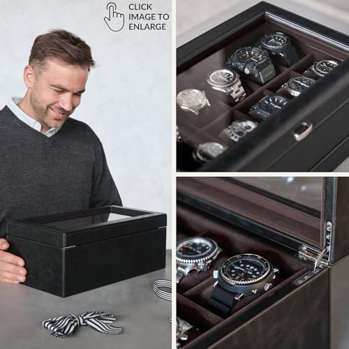 TAWBURY Watch Box for Men - Extra Large 24 Slot Watch Case with Real Glass Display, Removable Drawer and 2-inch Wide Pillows for Large Watches (Black/Charcoal) - Image 4