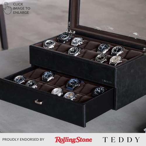 TAWBURY Watch Box for Men - Extra Large 24 Slot Watch Case with Real Glass Display, Removable Drawer and 2-inch Wide Pillows for Large Watches (Black/Charcoal) - Image 2