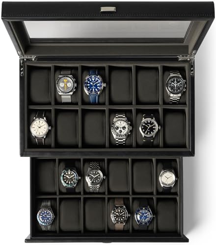 TAWBURY Watch Box for Men - Extra Large 24 Slot Watch Case with Real Glass Display, Removable Drawer and 2-inch Wide Pillows for Large Watches (Black/Charcoal) - Image 1