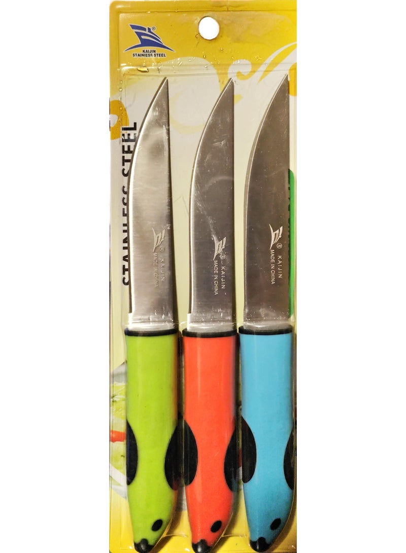 KAIJUN 3-Piece Stainless Steel Kitchen Knife Set – Colorful Non-Slip Handles (Green, Red, Blue)