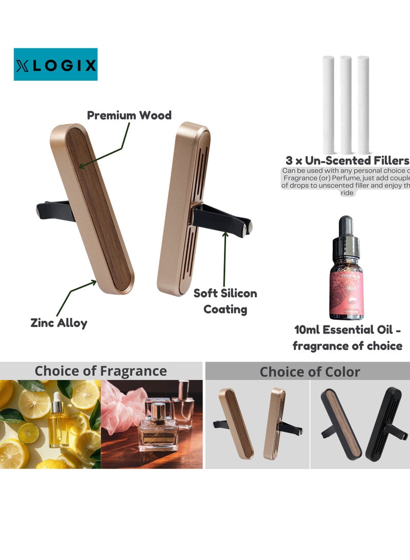 XLOGIX Luxury Car Air Freshener Diffuser with 3 Refill Fiber Sticks & Premium Fragrance Bottle – Elegant Metal & Wood Design, Customizable Fragrance (GOLD, Musk Royale) - Image 2