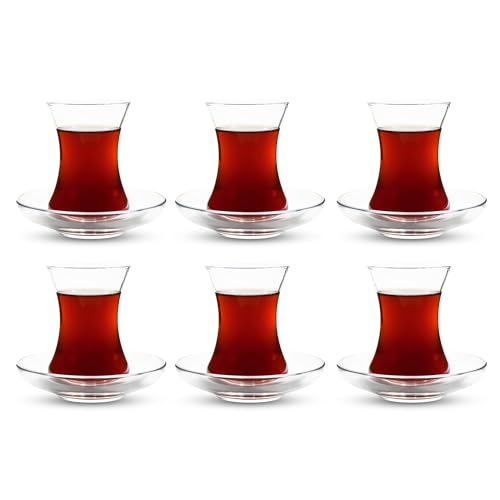 ums Turkish Tea Glass Set, Slim Waist Design and Thick Sole Prevent Tea From Getting Cold, Easy to Keep for 6 People, 6 Saucers, 6 Glasses, Useful Set (12 Pieces) - Image 1