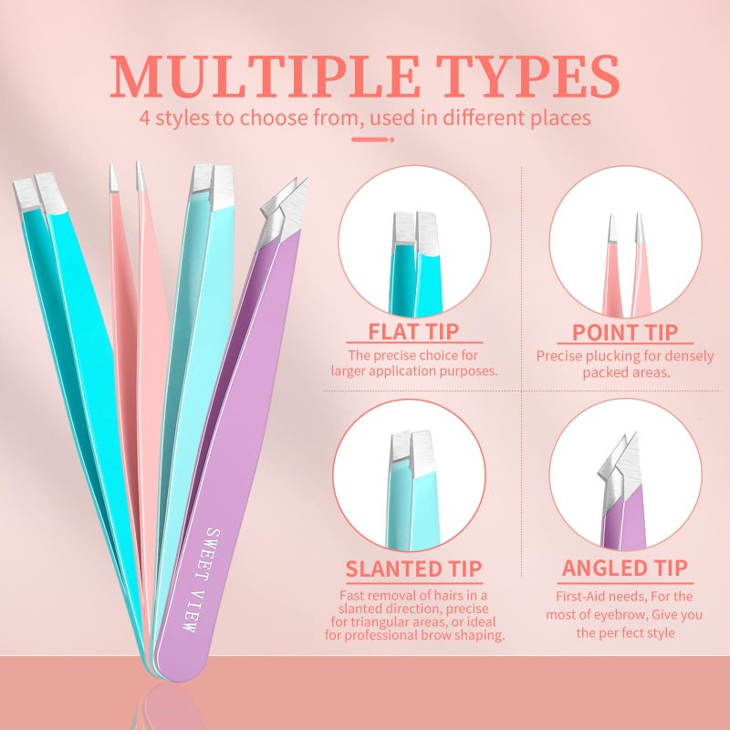 SWEET VIEW 7pcs Eyebrow Tweezers Kit for Women Precision Plucker with Brow Scissors & Razor & Spoolie for Facial, Chin, Brow, Splinter and Ingrown Hair - Image 3
