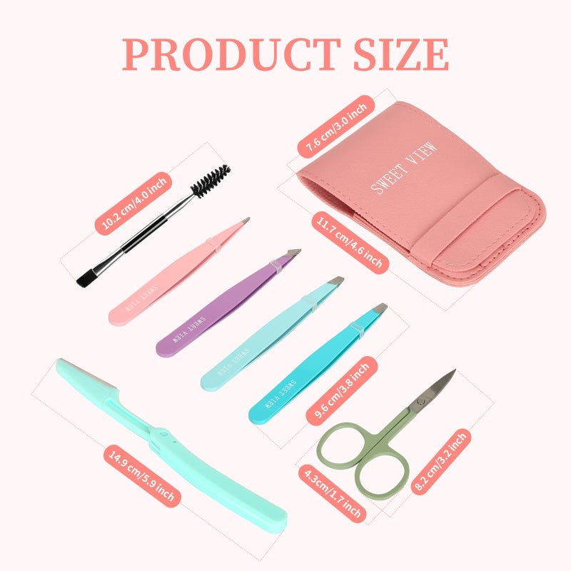 SWEET VIEW 7pcs Eyebrow Tweezers Kit for Women Precision Plucker with Brow Scissors & Razor & Spoolie for Facial, Chin, Brow, Splinter and Ingrown Hair - Image 2