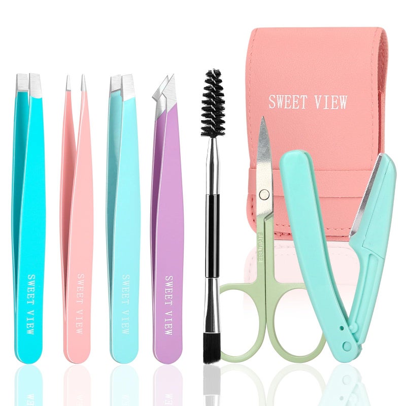 SWEET VIEW 7pcs Eyebrow Tweezers Kit for Women Precision Plucker with Brow Scissors & Razor & Spoolie for Facial, Chin, Brow, Splinter and Ingrown Hair - Image 1