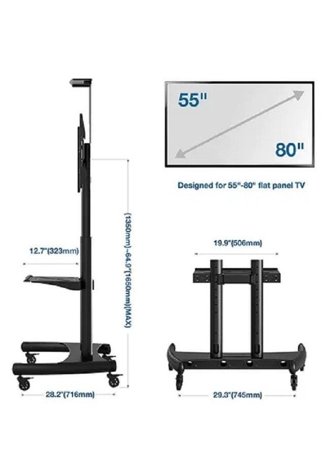 Mobile TV Cart Rolling TV Stand with Lockable Wheels for 55 to 80 Inch Plasma LCD LED Flat or Curved Screen TVs up to 100lbs - Height Adjustable (55-80 inch) Black - Image 5