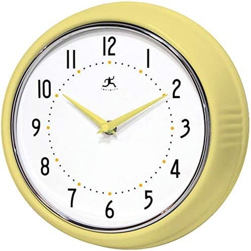 Infinity Instruments LTD Retro 9 inch Silent Sweep NonTicking Mid Century Modern Kitchen Diner Wall Clock Quartz Movement Retro Wall Clock Decorative Aura Yellow