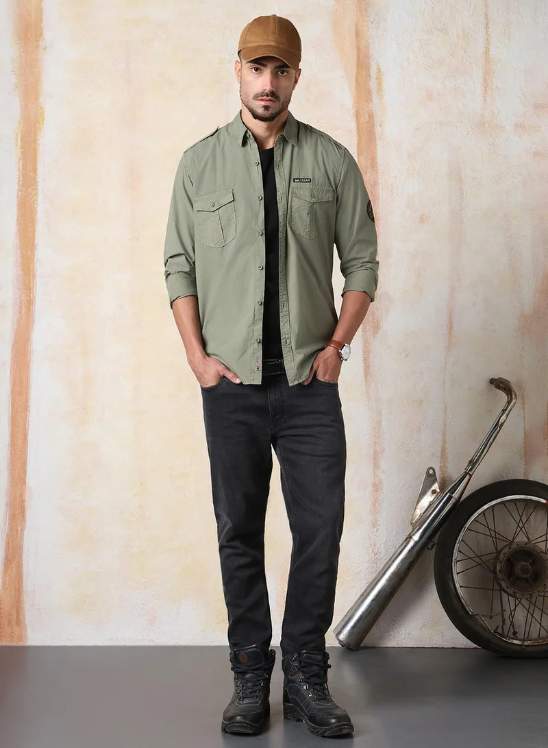 HIGH STAR Men Regular Fit Utility Heavy Washed Spread Collar Solid Cotton Casual Shirt