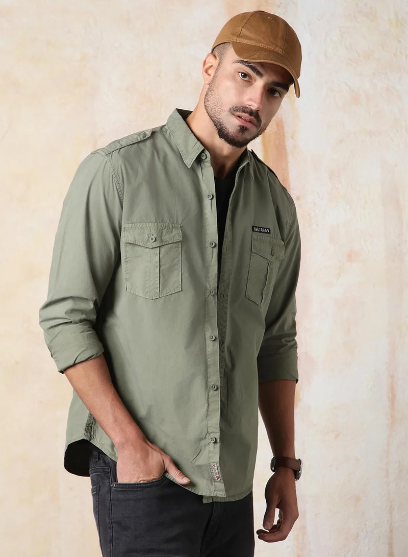 HIGH STAR Olive Men Regular Fit Utility Heavy Washed Spread Collar Solid Cotton Casual Shirt for Men | Best Price UAE