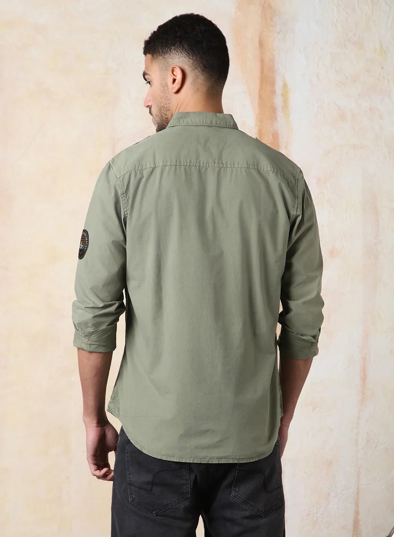HIGH STAR Olive Men Regular Fit Utility Heavy Washed Spread Collar Solid Cotton Casual Shirt for Men | Best Price UAE